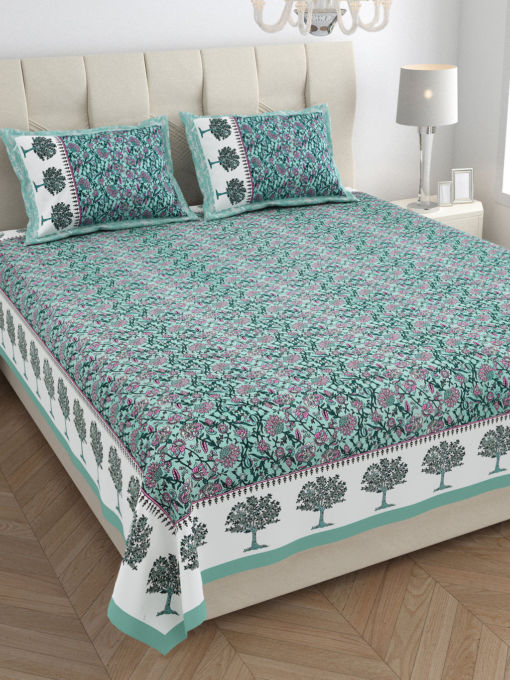 Traditional Floral Buta Design Double Bedsheet 95x108 – Parkota Collection with Pillow Covers