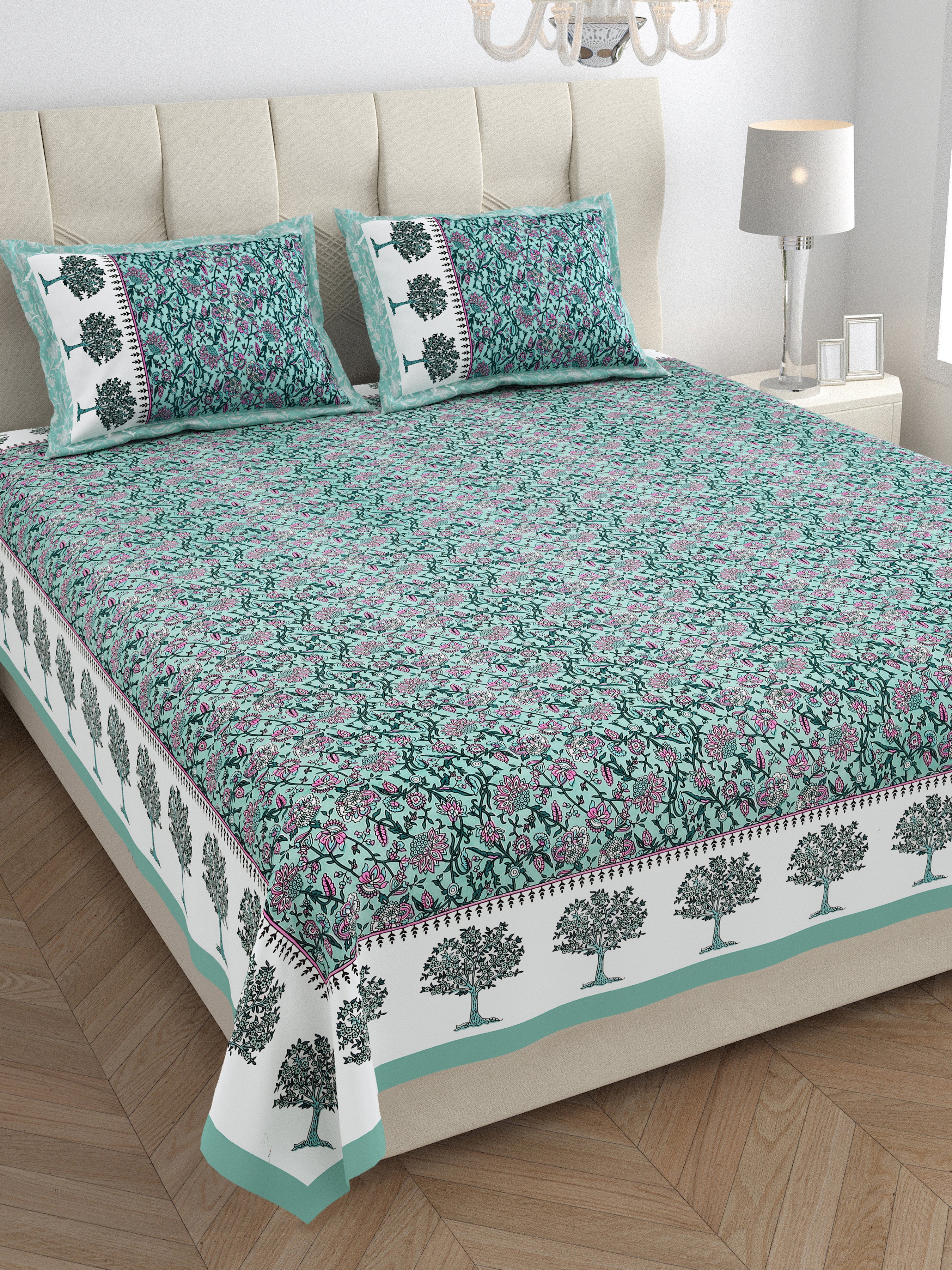 Traditional Floral Buta Design Double Bedsheet 95x108 – Parkota Collection with Pillow Covers