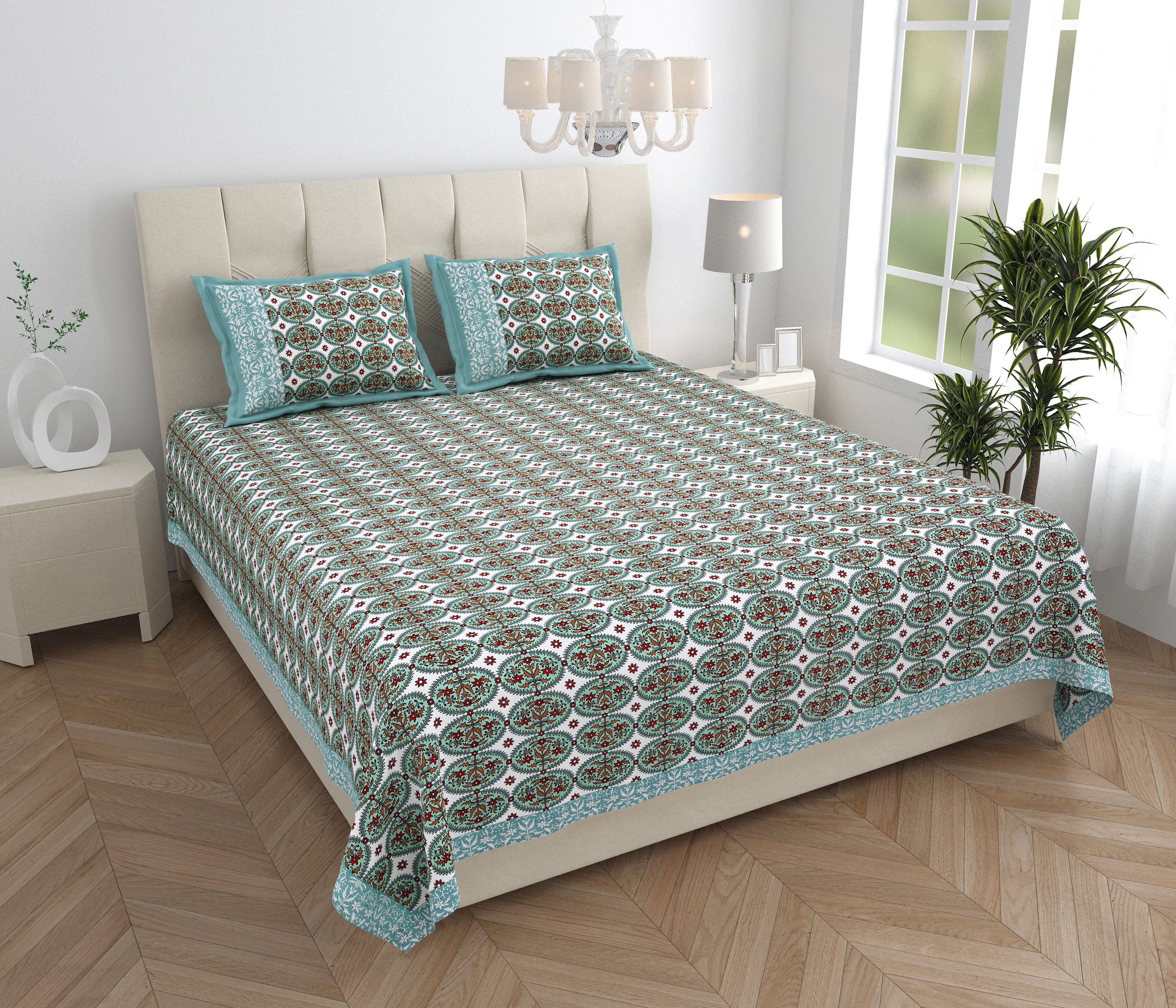 Parkota Collection 95x108 Double Bedsheet with Heritage Tree Motifs & Pillow Covers