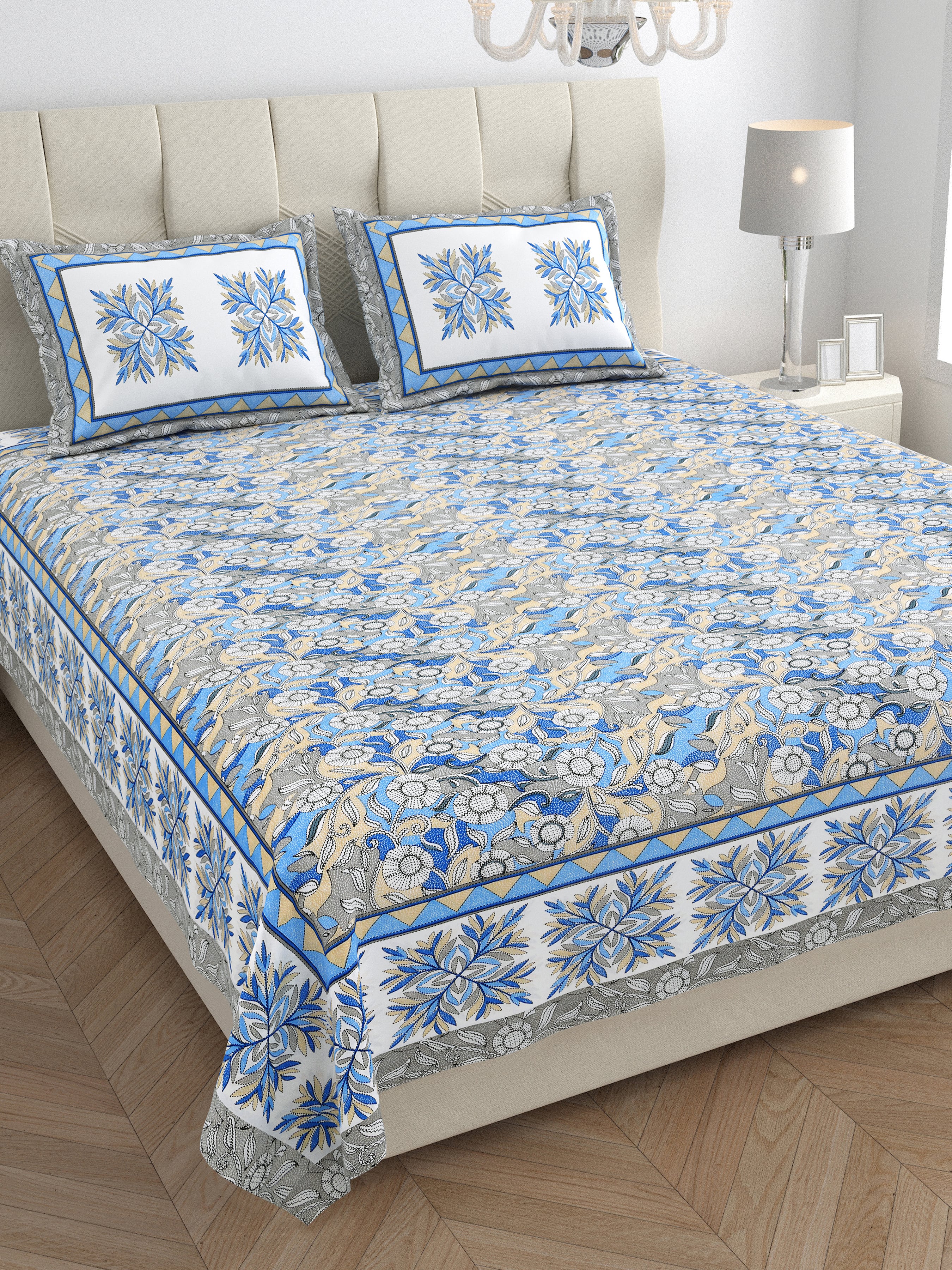 Parkota Bloom Collection 95x108 Double Bedsheet with Traditional Floral Motifs & Matching Pillow Covers