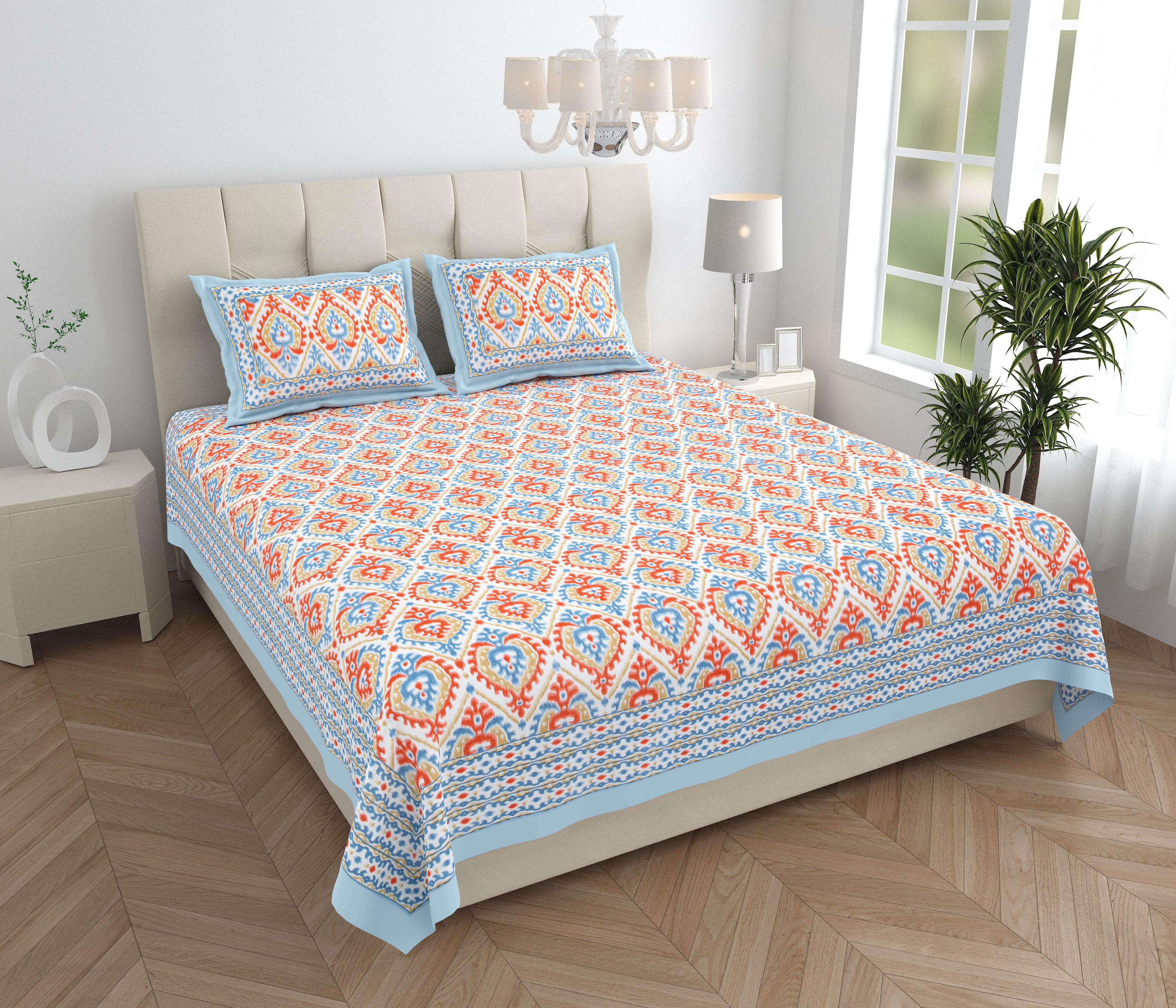Eklavya Ikat Collection 95x108 Double Bedsheet with Traditional Ikat Motifs & Matching Pillow Covers