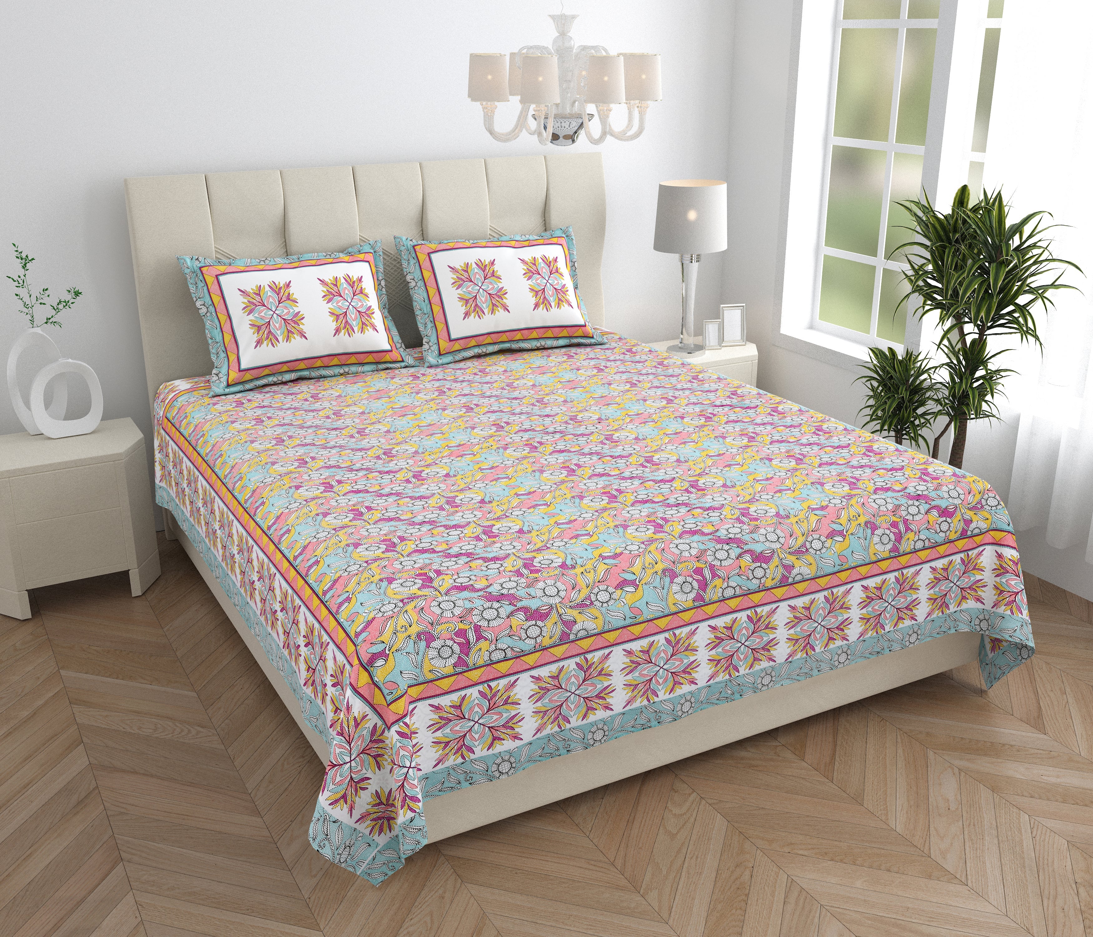 Parkota Bloom Collection 95x108 Double Bedsheet with Traditional Floral Motifs & Matching Pillow Covers