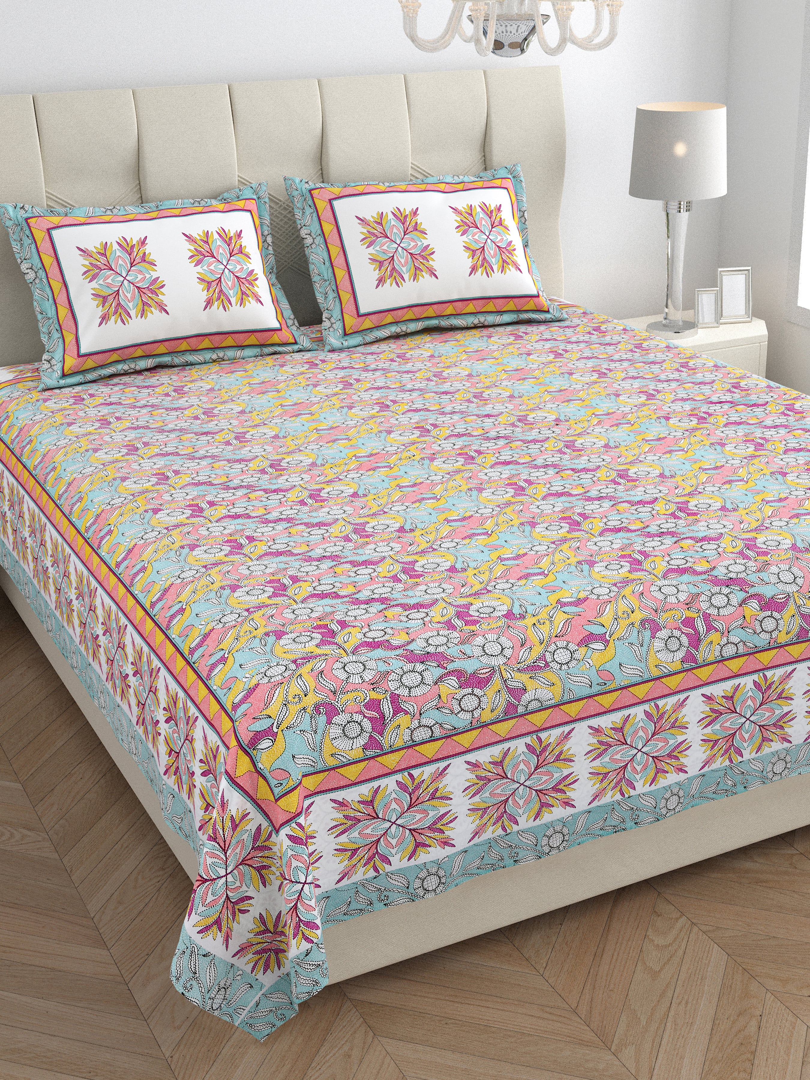 Parkota Bloom Collection 95x108 Double Bedsheet with Traditional Floral Motifs & Matching Pillow Covers