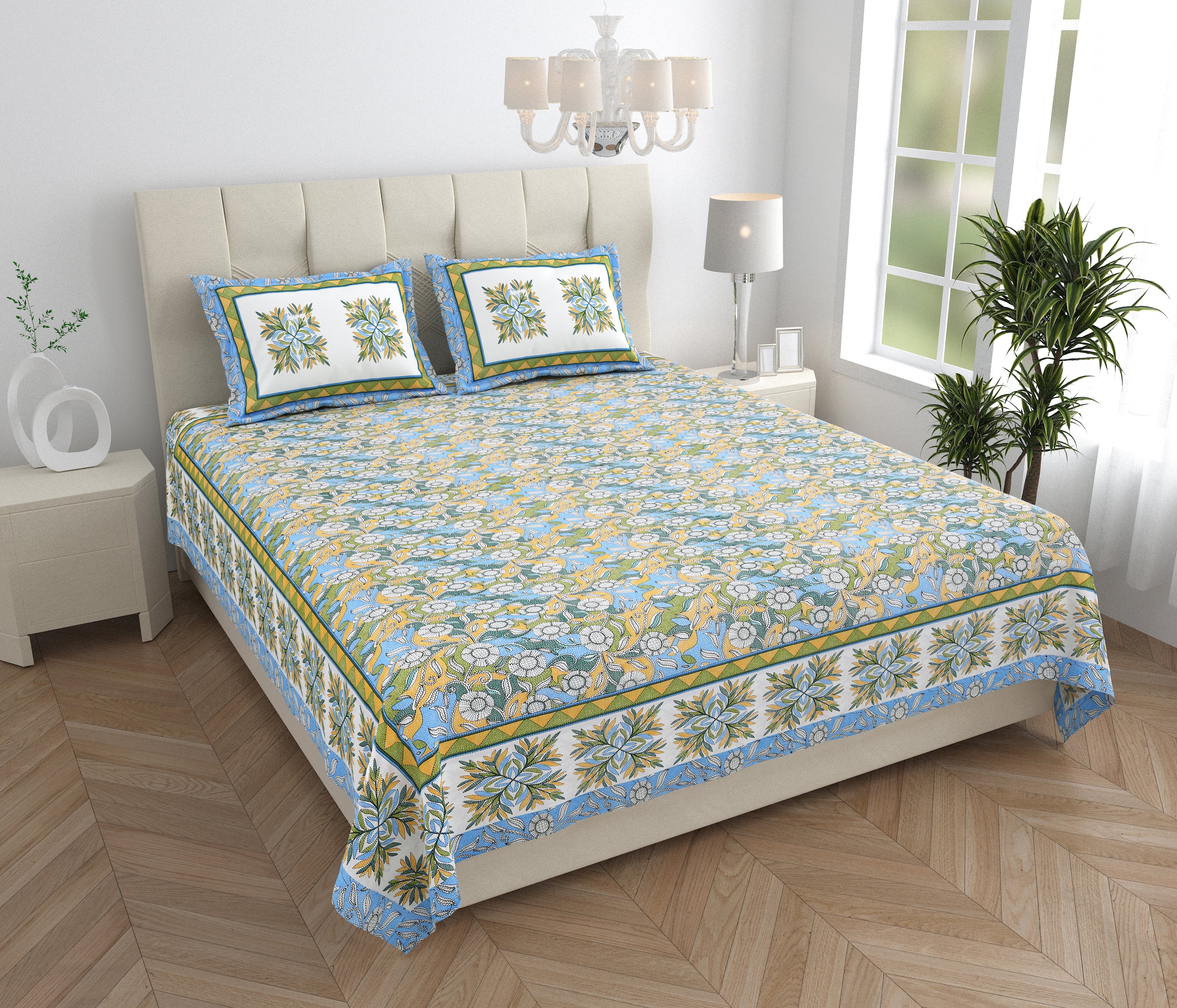 Parkota Bloom Collection 95x108 Double Bedsheet with Traditional Floral Motifs & Matching Pillow Covers