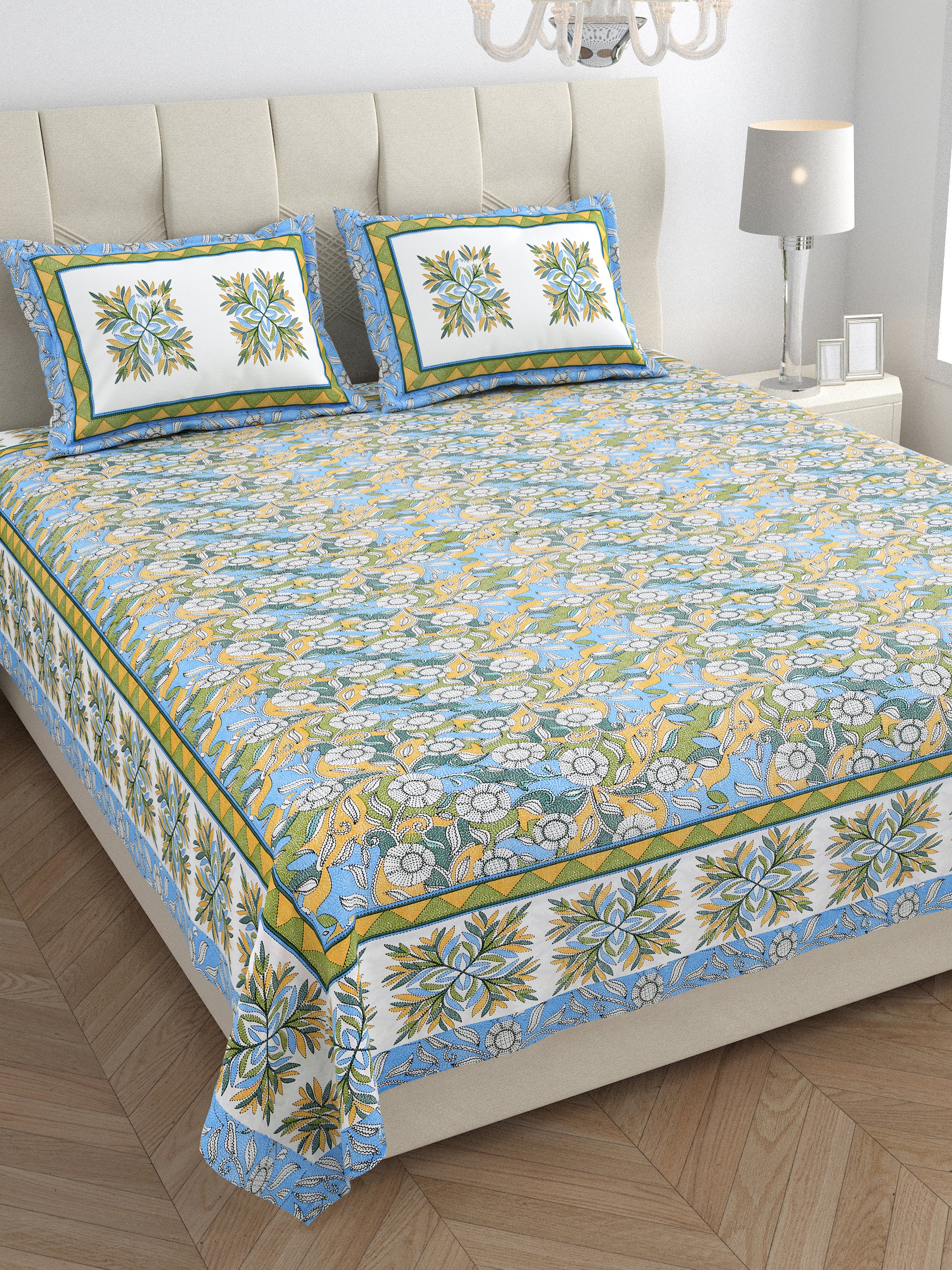 Parkota Bloom Collection 95x108 Double Bedsheet with Traditional Floral Motifs & Matching Pillow Covers