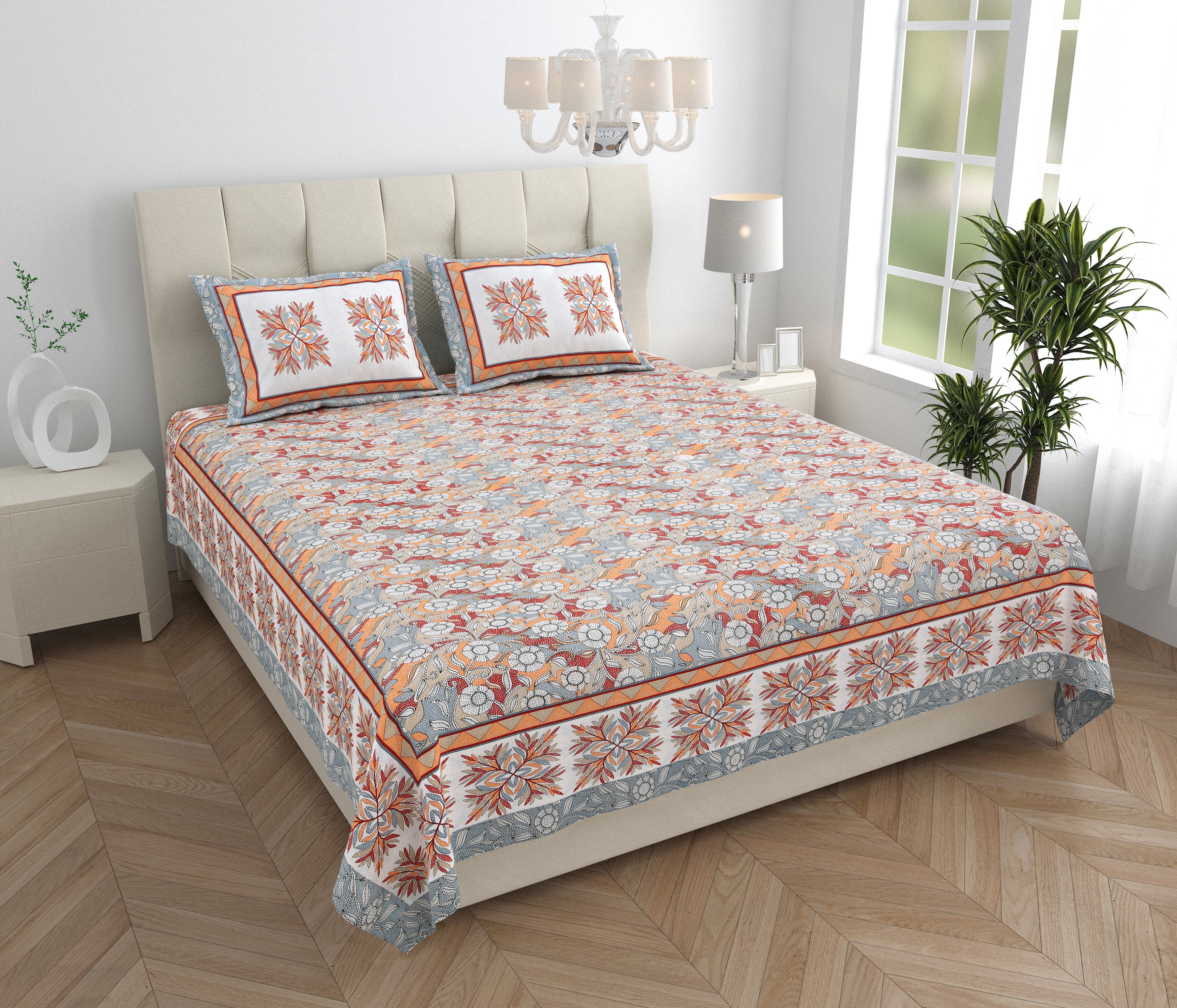Parkota Bloom Collection 95x108 Double Bedsheet with Traditional Floral Motifs & Matching Pillow Covers