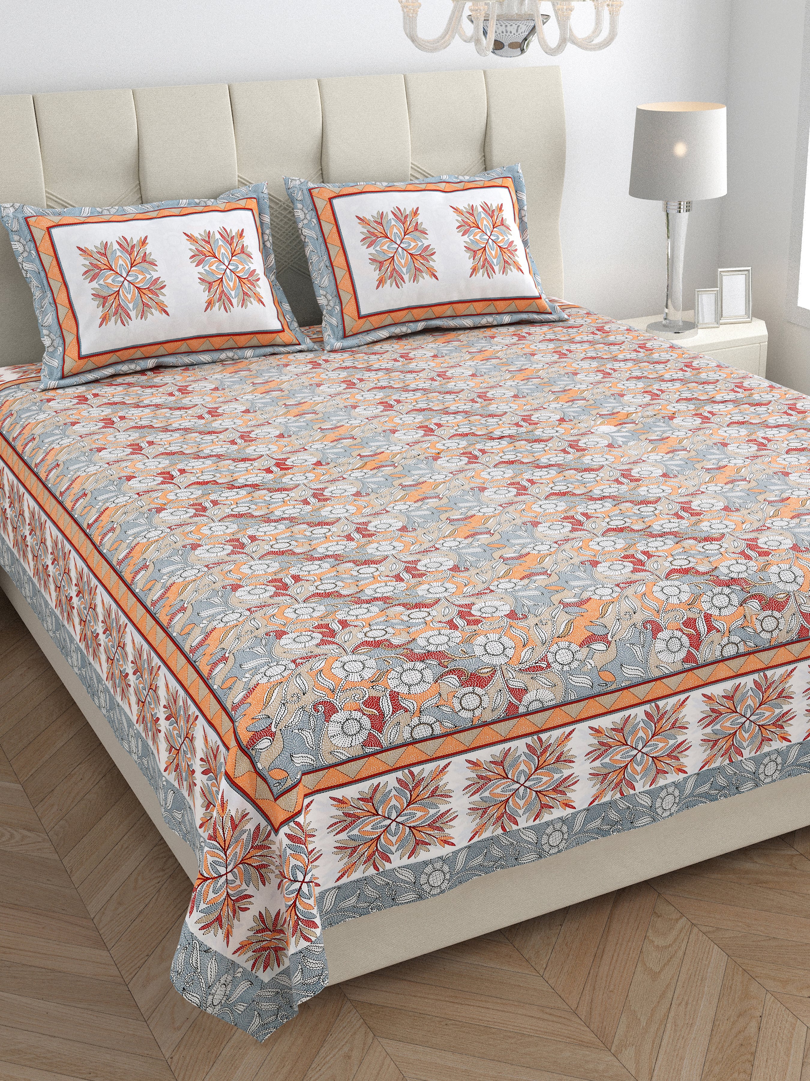 Parkota Bloom Collection 95x108 Double Bedsheet with Traditional Floral Motifs & Matching Pillow Covers