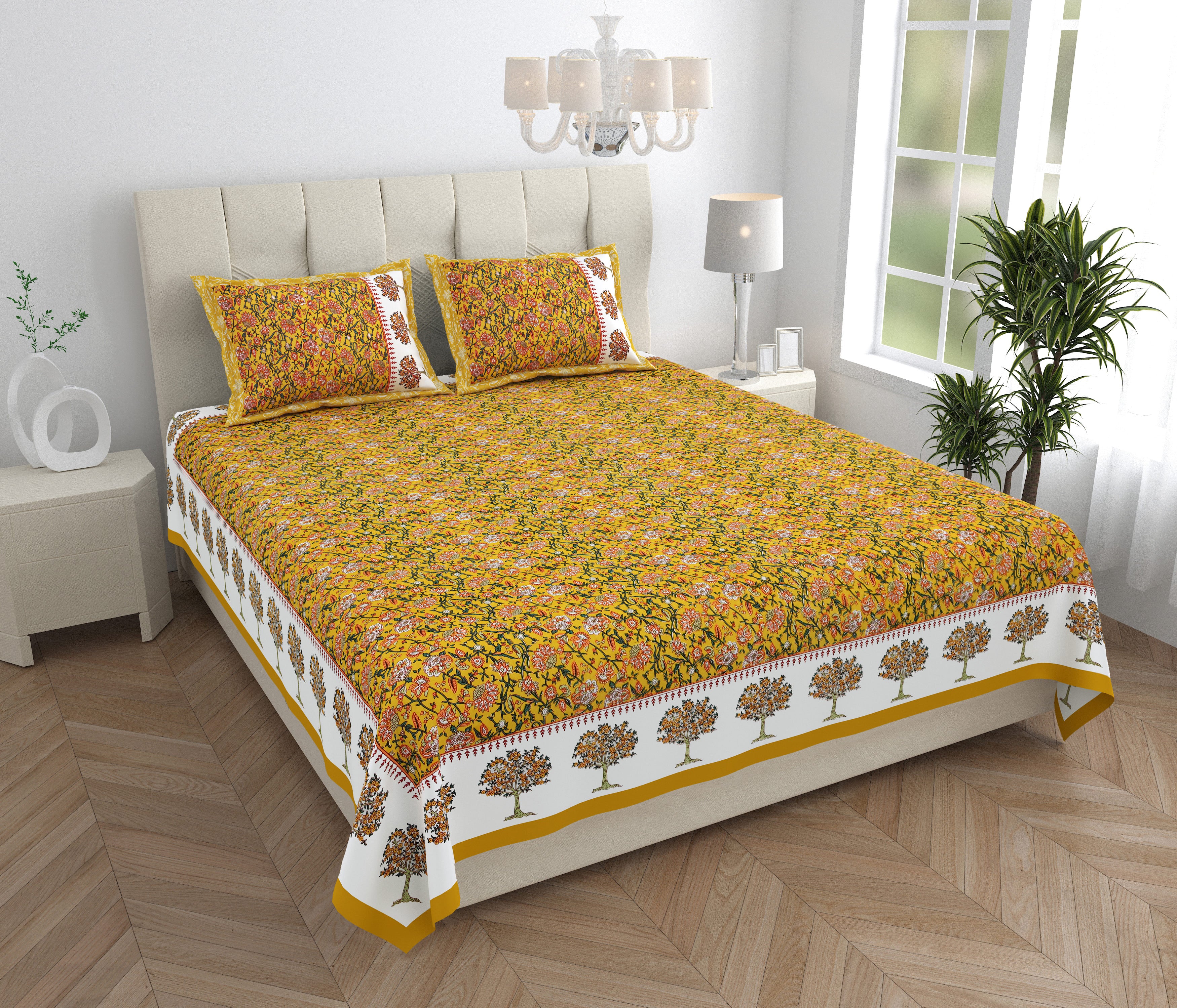Traditional Floral Buta Design Double Bedsheet 95x108 – Parkota Collection with Pillow Covers