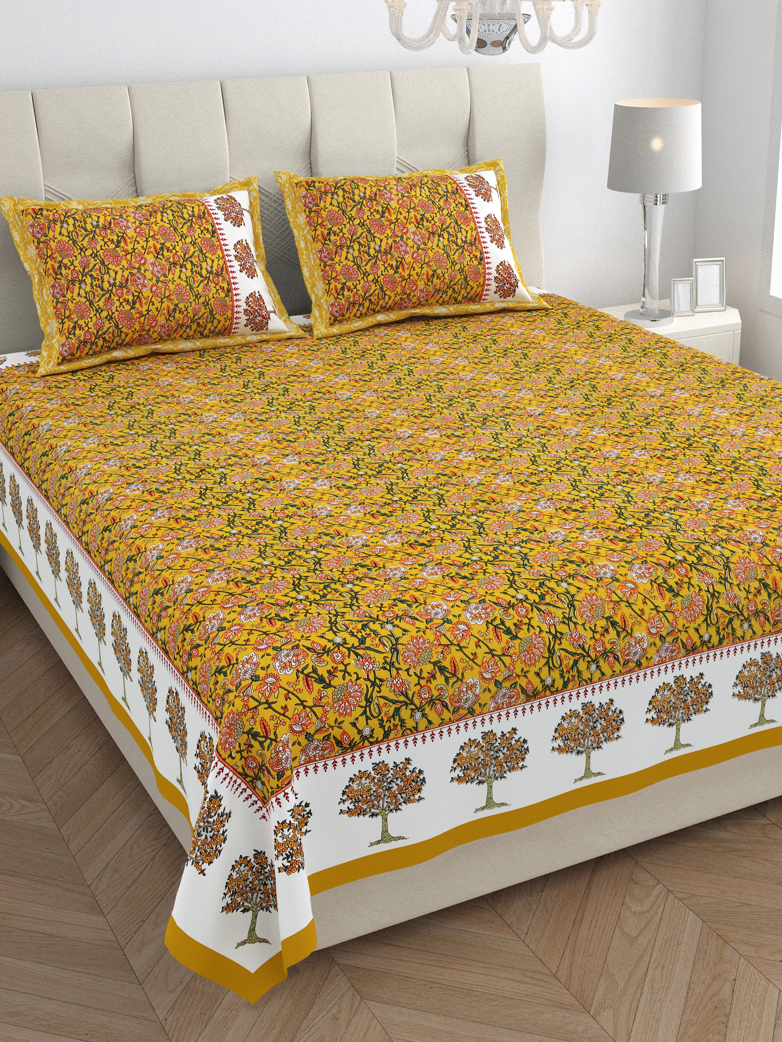 Traditional Floral Buta Design Double Bedsheet 95x108 – Parkota Collection with Pillow Covers
