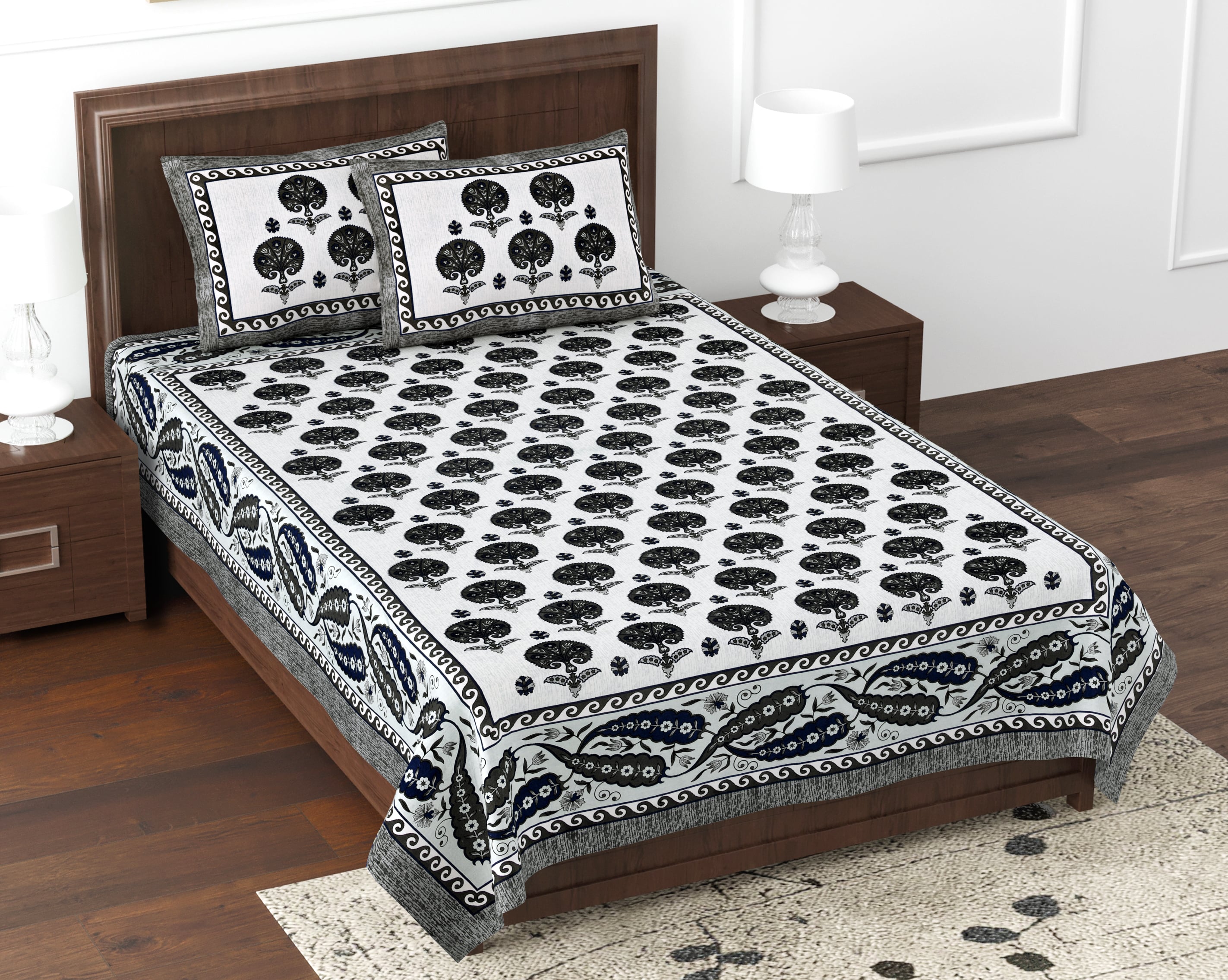 Kesari Cotton Single Bedsheet with Tree & Paisley Print | 70x100 Inches + 2 Pillow Covers