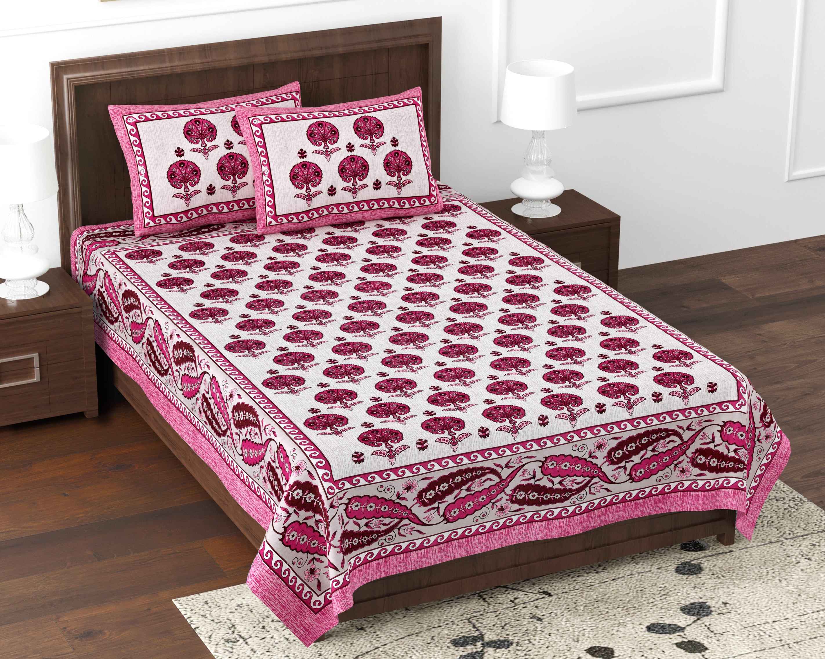 Kesari Cotton Single Bedsheet with Tree & Paisley Print | 70x100 Inches + 2 Pillow Covers