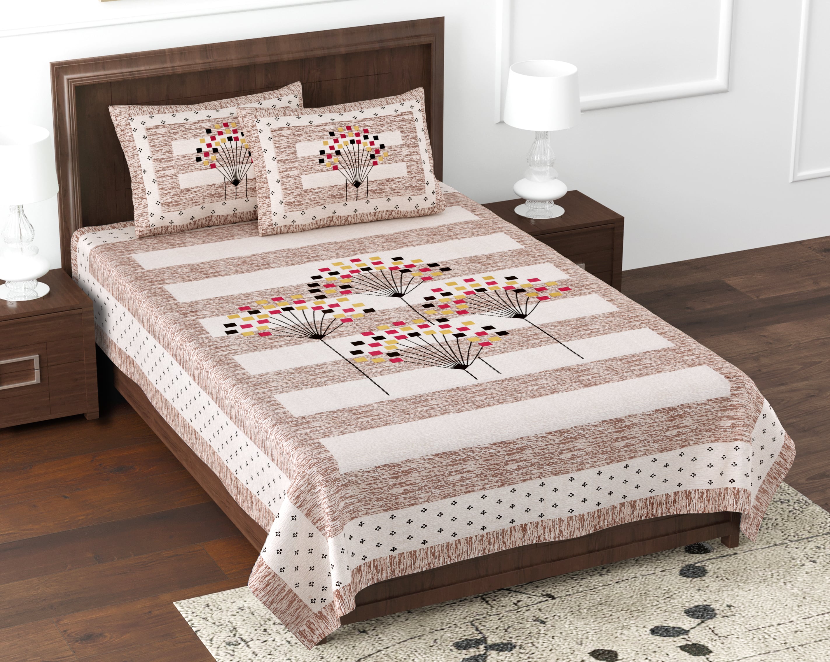 Premium Cotton Kesari Abstract Floral Single Bedsheet Set | 70x100 Inches with 2 Pillow Covers