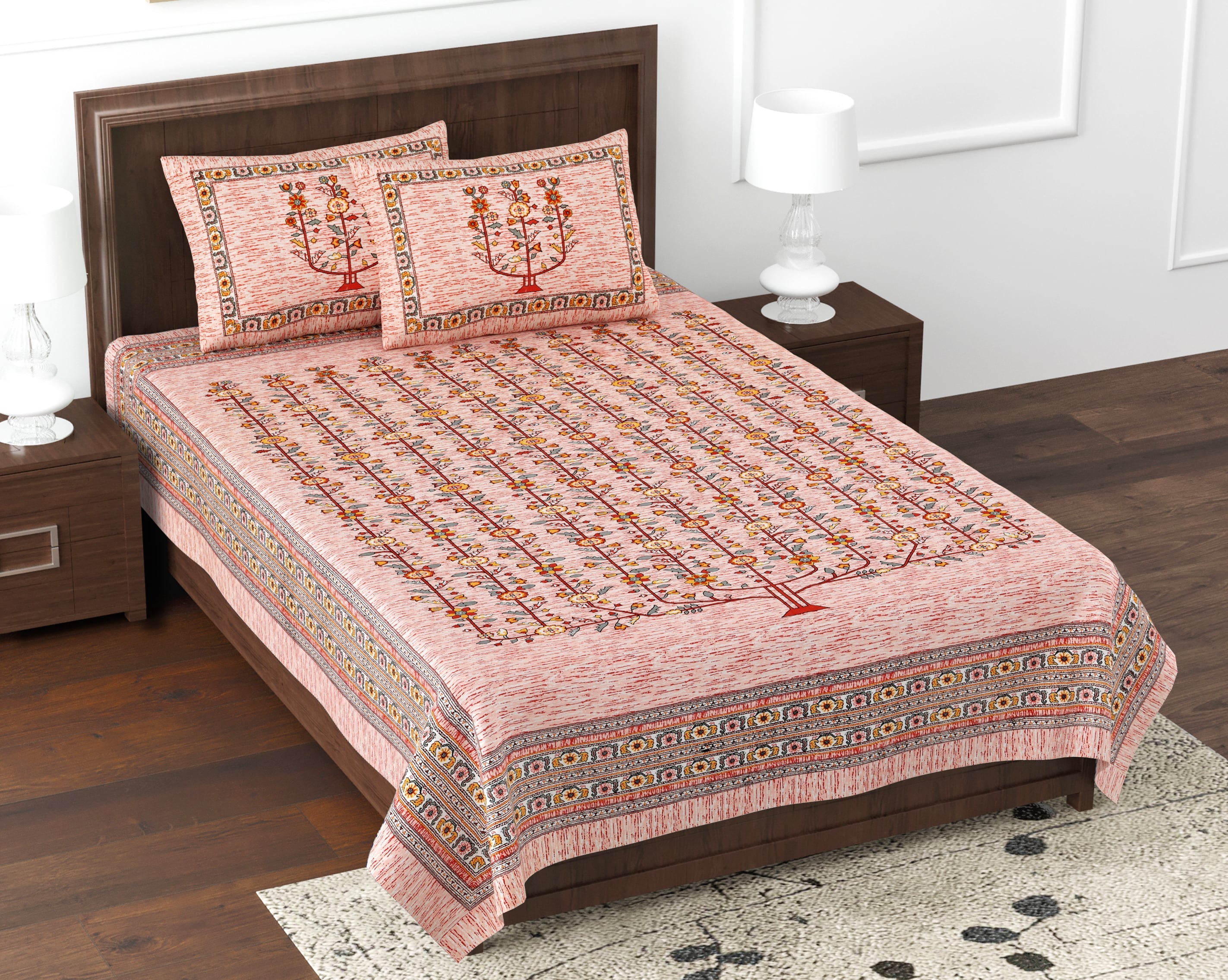 Premium Cotton Kesari Floral Tree Single Bedsheet Set | 70x100 Inches with 2 Pillow Covers