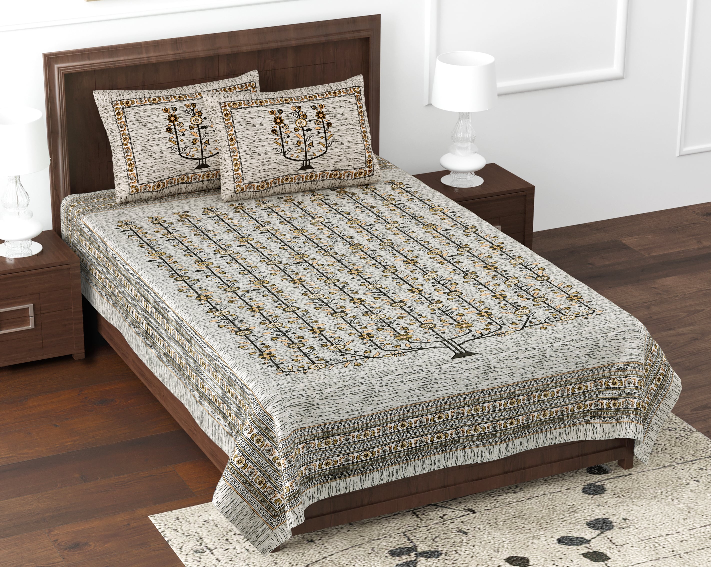 Premium Cotton Kesari Floral Tree Single Bedsheet Set | 70x100 Inches with 2 Pillow Covers