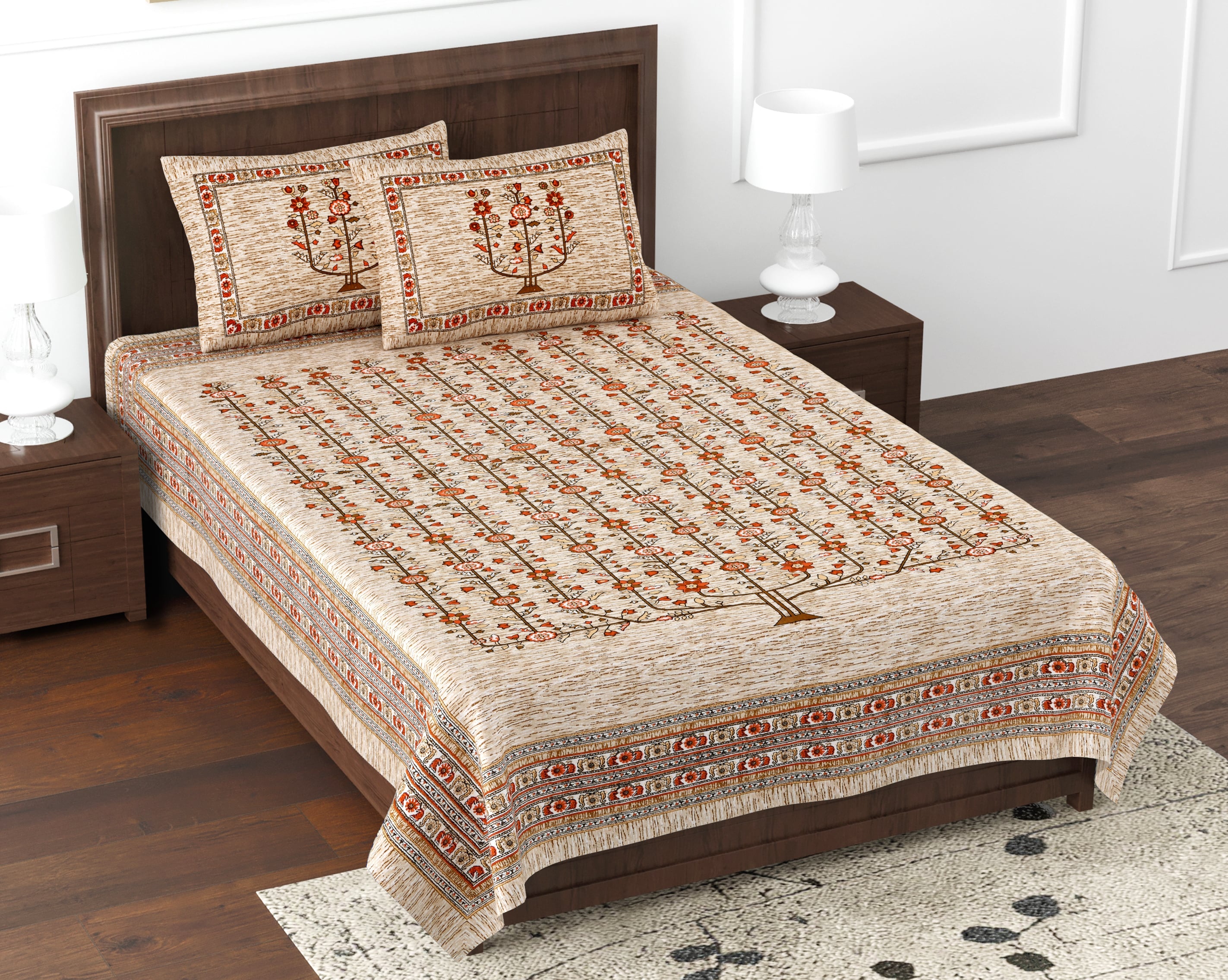 Premium Cotton Kesari Floral Tree Single Bedsheet Set | 70x100 Inches with 2 Pillow Covers