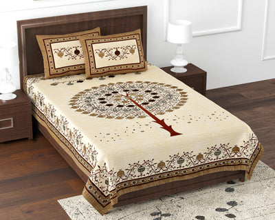 Premium Cotton Kesari Tree of Life Single Bedsheet Set | 70x100 Inches with 2 Pillow Covers