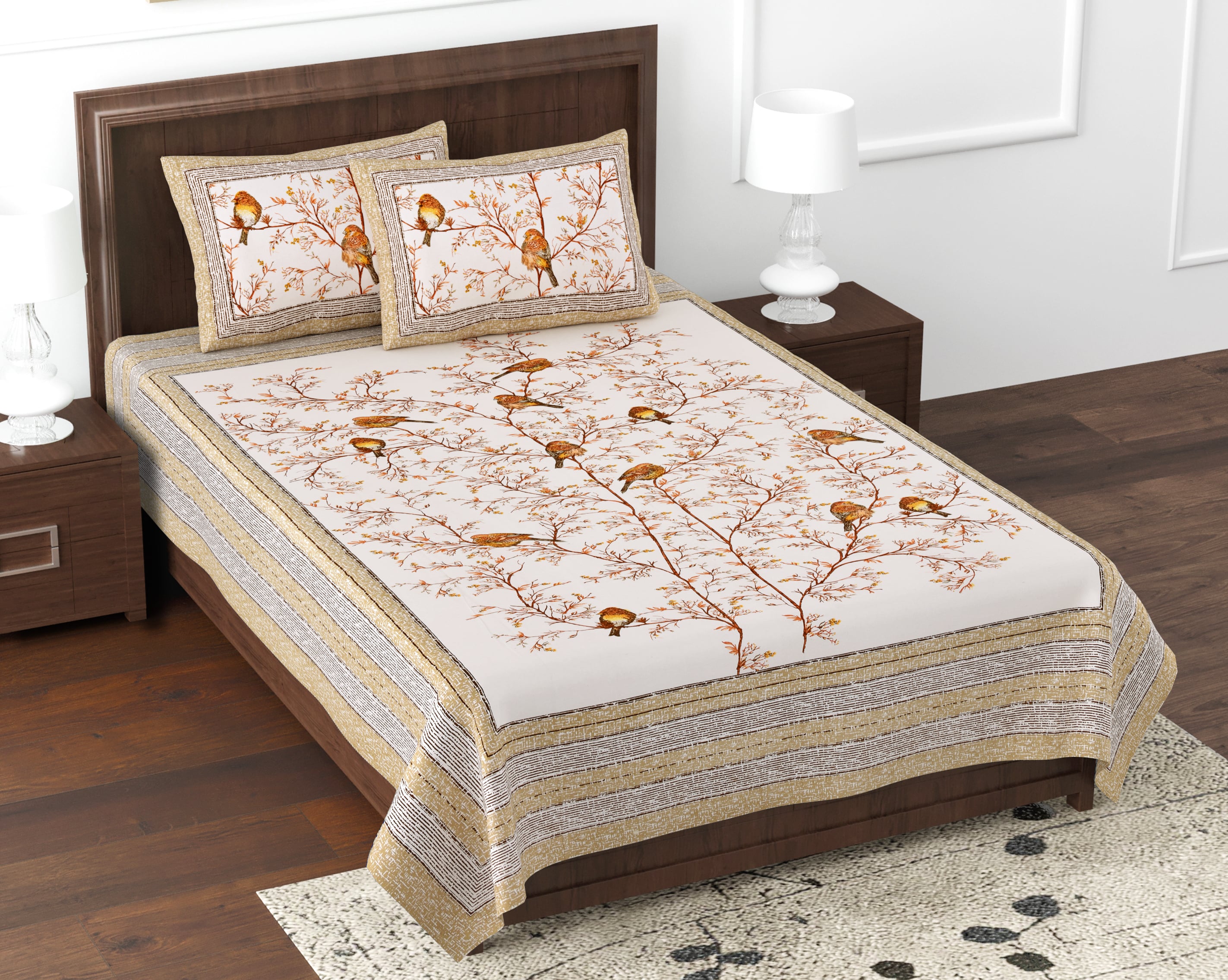 Kesari Cotton Single Bedsheet with Bird & Branch Print | 70x100 Inches + 2 Pillow Covers