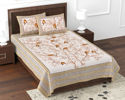 Kesari Cotton Single Bedsheet with Bird & Branch Print | 70x100 Inches + 2 Pillow Covers