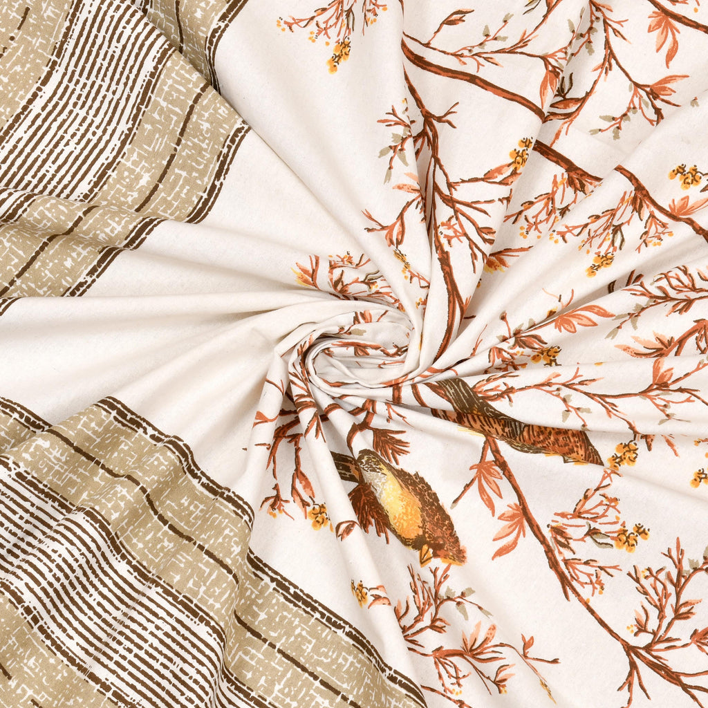 Kesari Cotton Single Bedsheet with Bird & Branch Print | 70x100 Inches + 2 Pillow Covers
