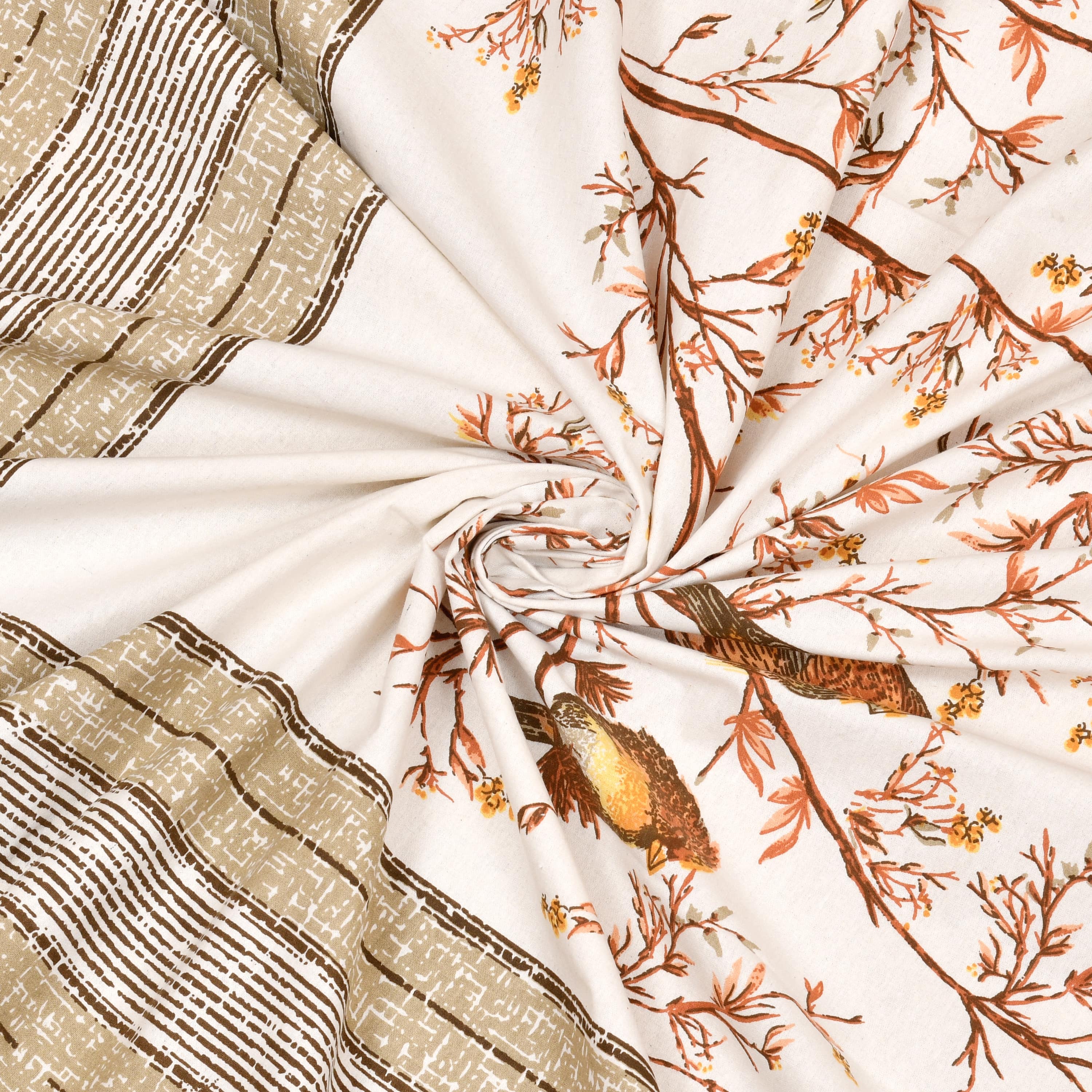 Kesari Cotton Single Bedsheet with Bird & Branch Print | 70x100 Inches + 2 Pillow Covers