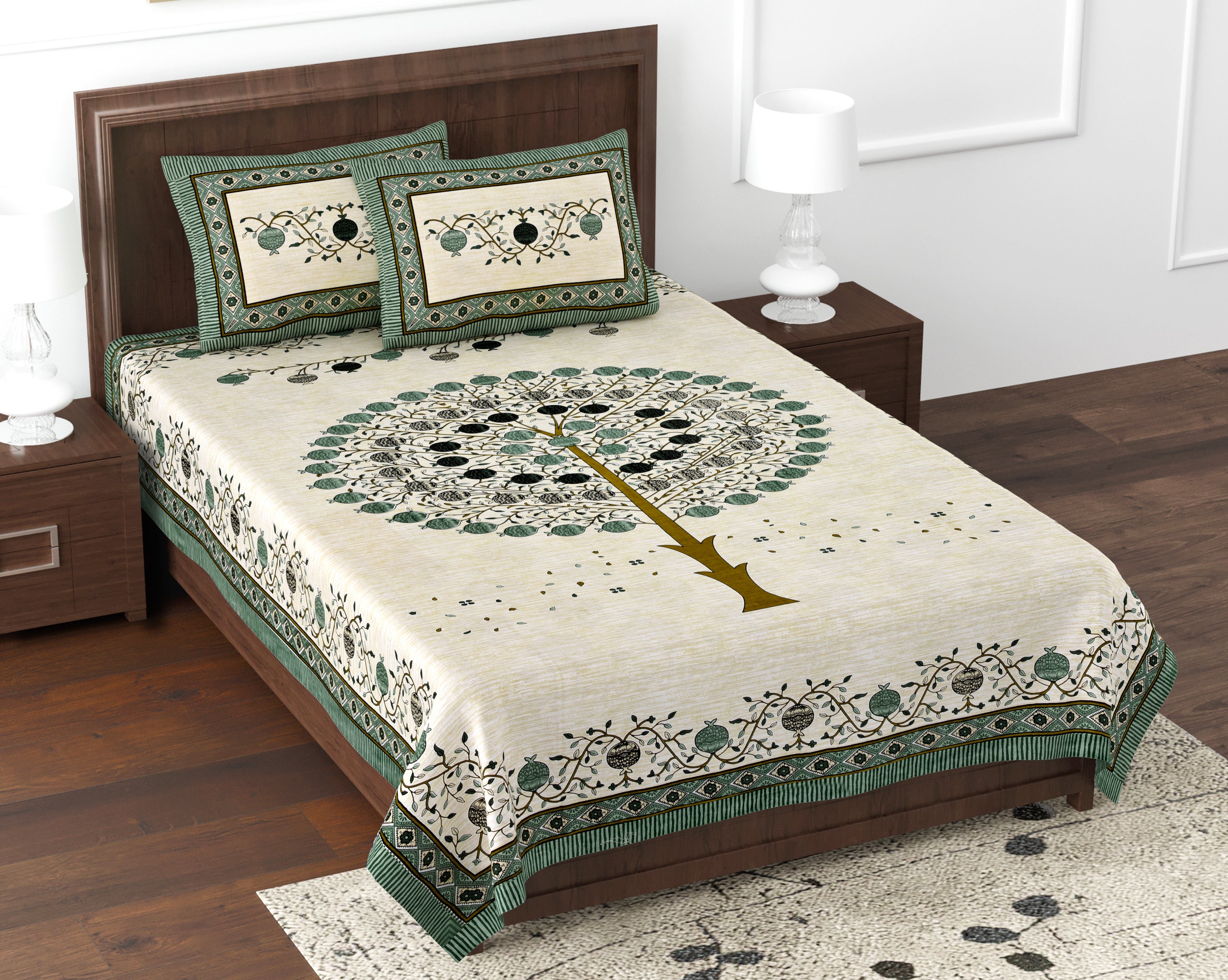 Premium Cotton Kesari Tree of Life Single Bedsheet Set | 70x100 Inches with 2 Pillow Covers
