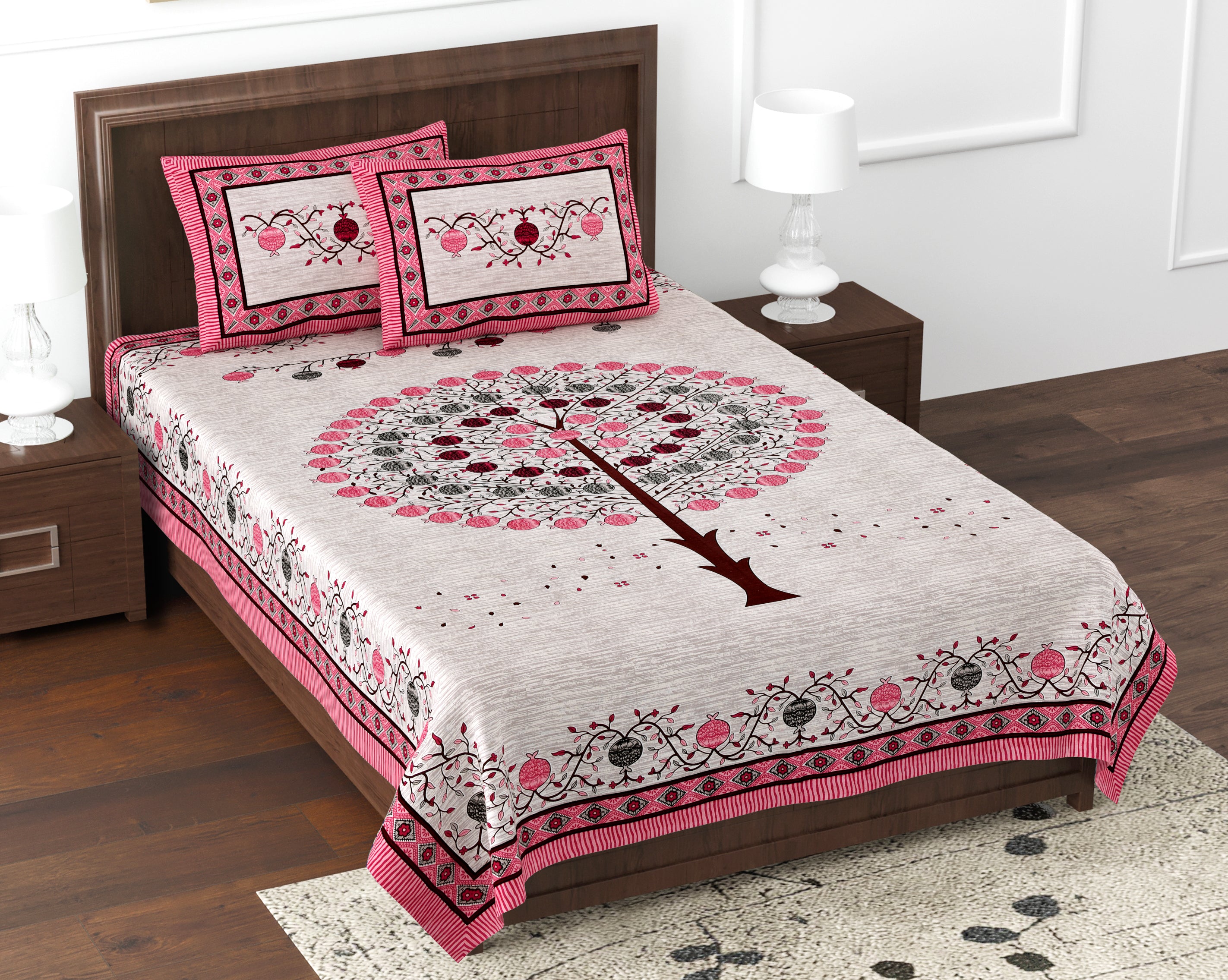 Premium Cotton Kesari Tree of Life Single Bedsheet Set | 70x100 Inches with 2 Pillow Covers