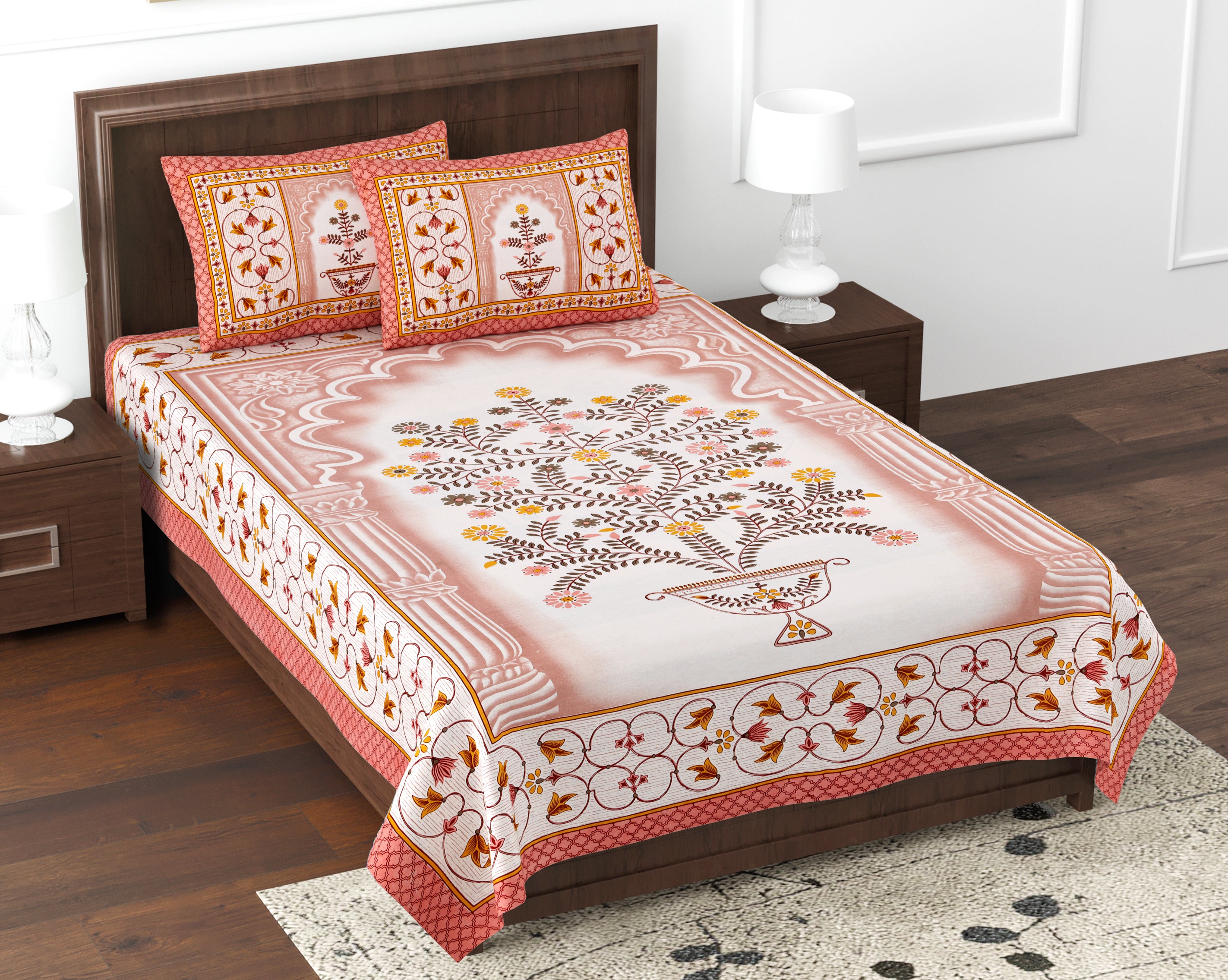 Premium Cotton Kesari Print Single Bedsheet Set | 70x100 Inches with 2 Pillow Covers