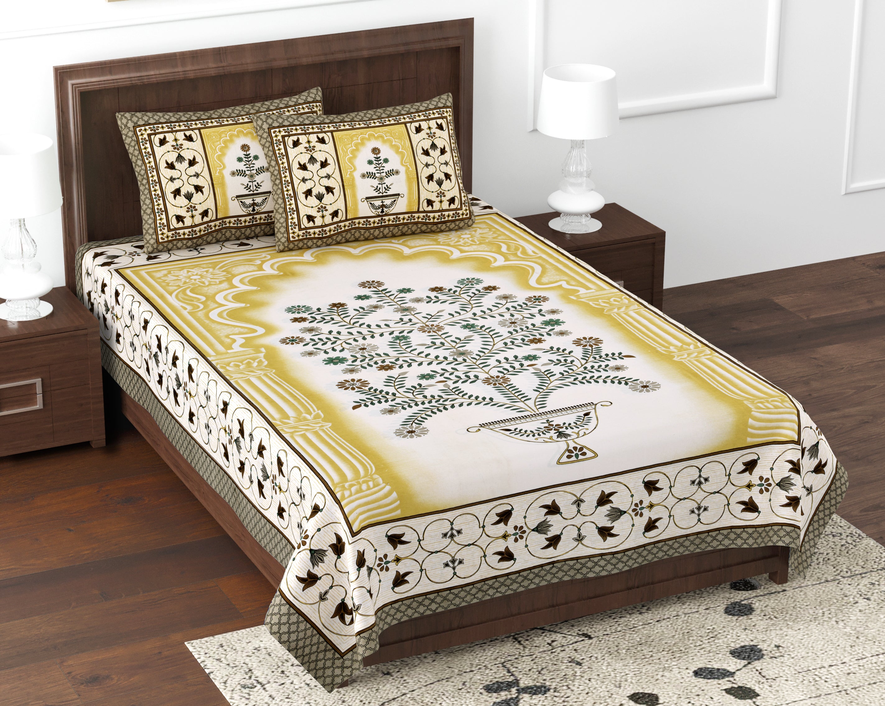Premium Cotton Kesari Print Single Bedsheet Set | 70x100 Inches with 2 Pillow Covers