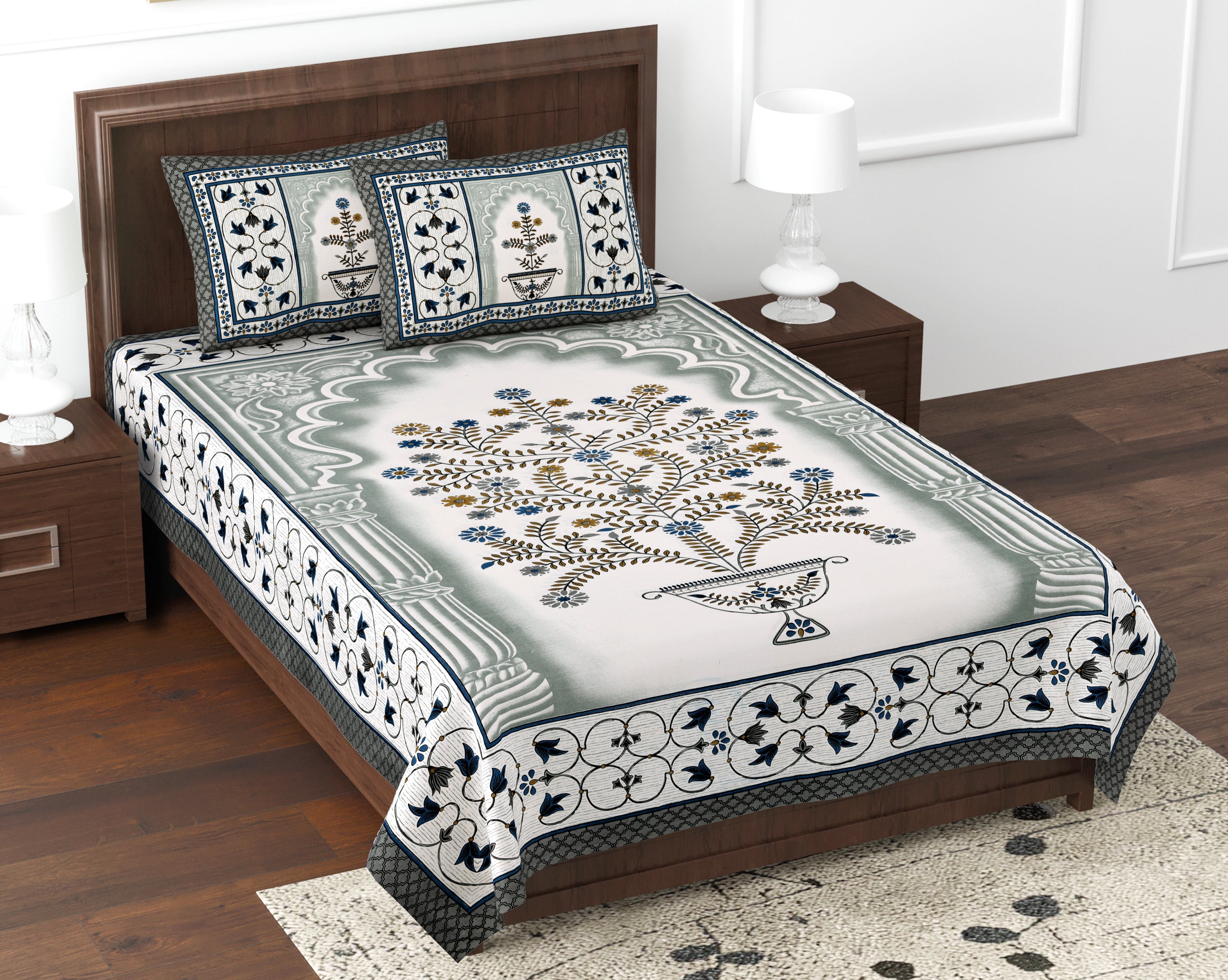 Premium Cotton Kesari Print Single Bedsheet Set | 70x100 Inches with 2 Pillow Covers