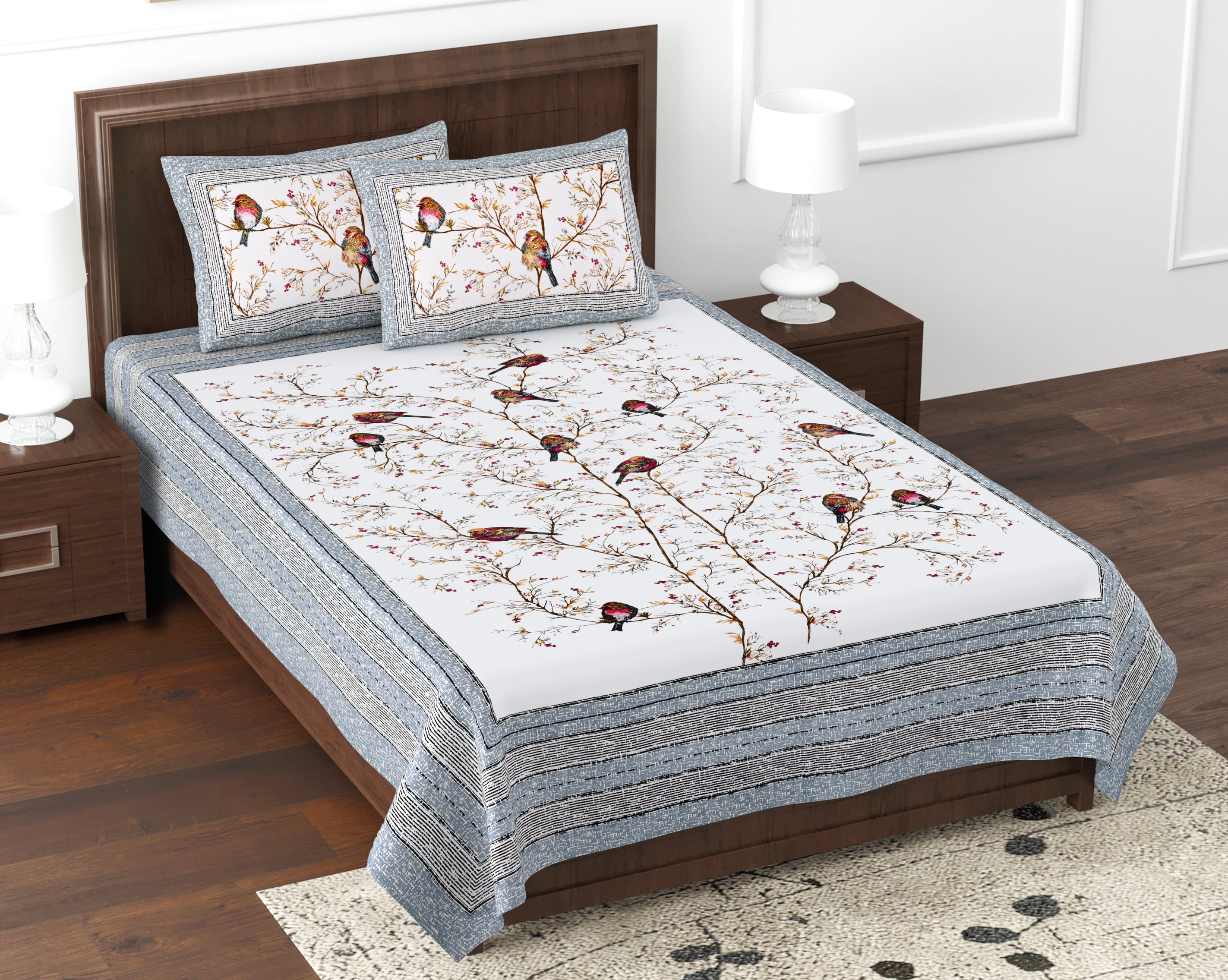 Kesari Cotton Single Bedsheet with Bird & Branch Print | 70x100 Inches + 2 Pillow Covers