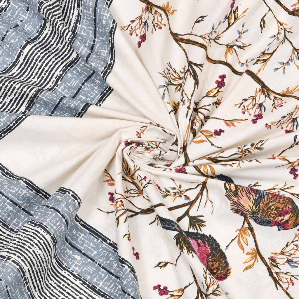 Kesari Cotton Single Bedsheet with Bird & Branch Print | 70x100 Inches + 2 Pillow Covers