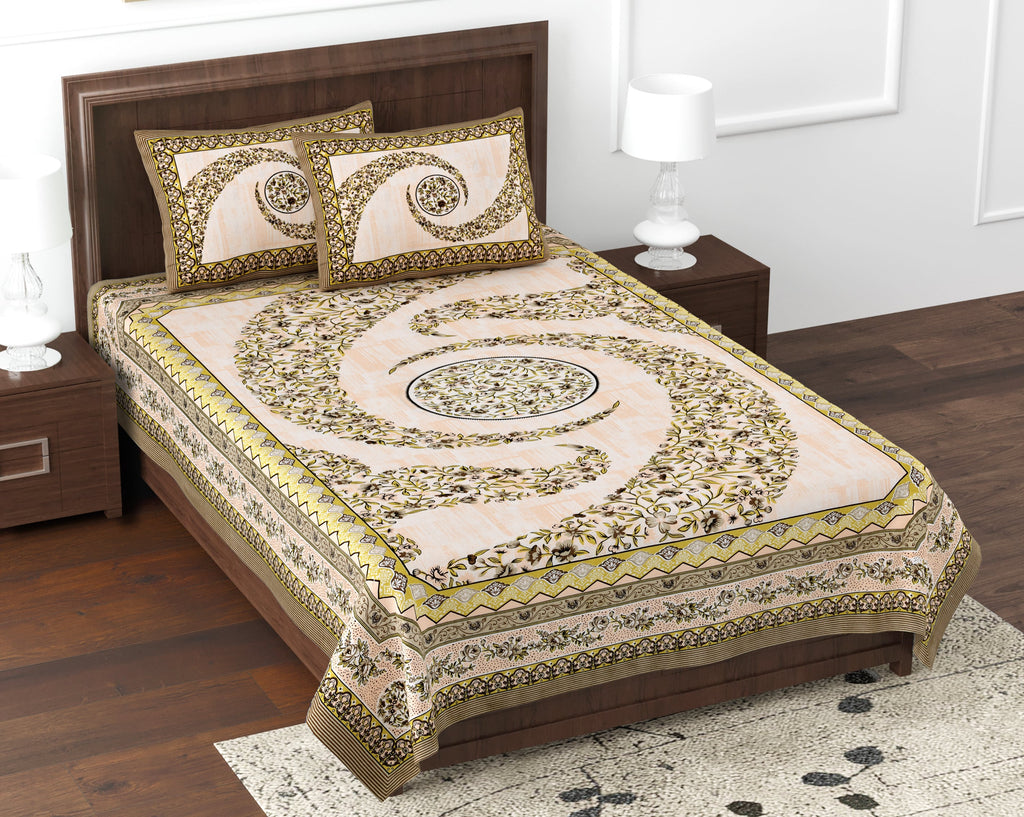 Kesari Cotton Single Bedsheet with Ethnic Spiral Floral Print | 70x100 Inches + 2 Pillow Covers