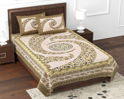 Kesari Cotton Single Bedsheet with Ethnic Spiral Floral Print | 70x100 Inches + 2 Pillow Covers