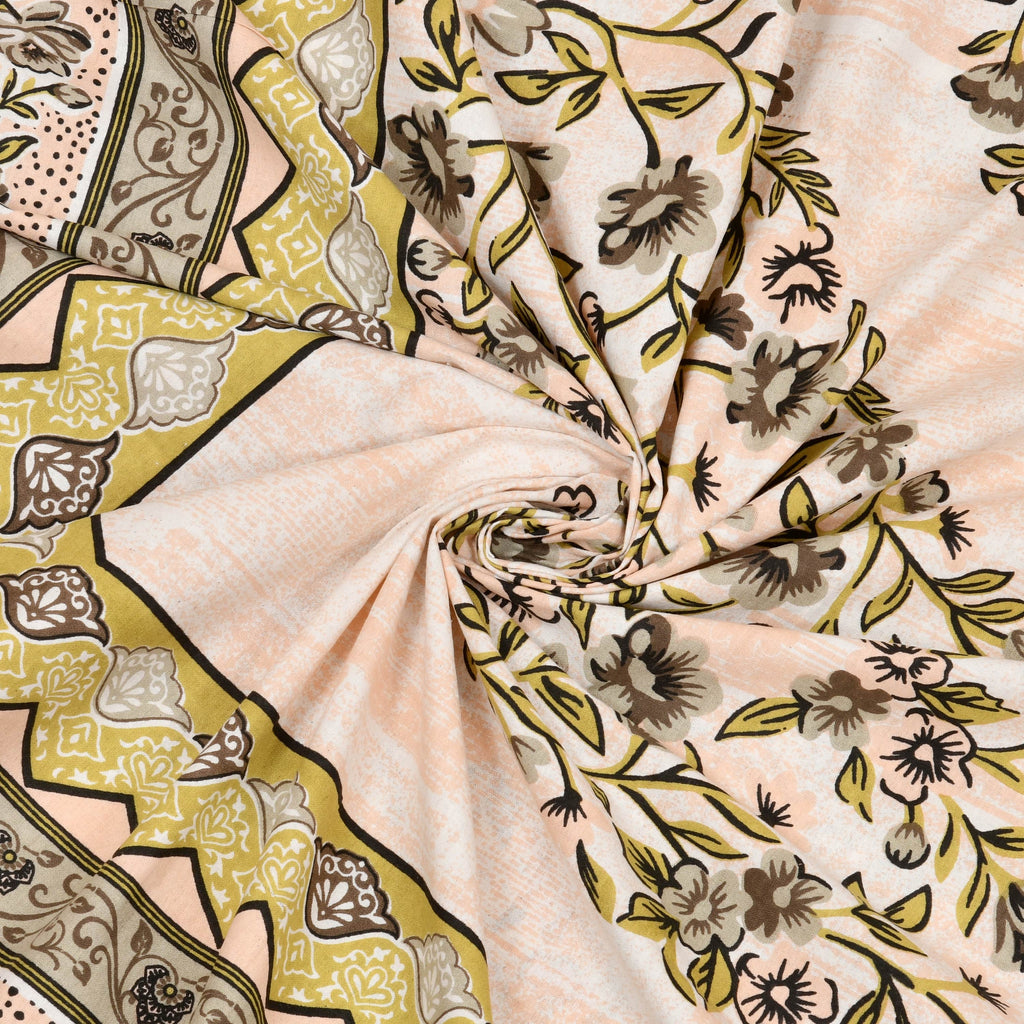Kesari Cotton Single Bedsheet with Ethnic Spiral Floral Print | 70x100 Inches + 2 Pillow Covers