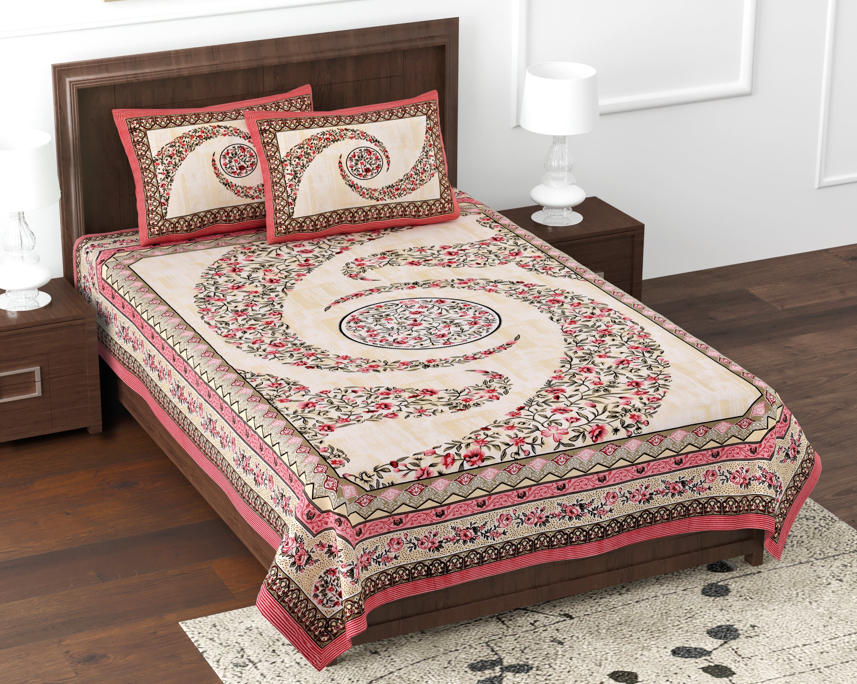 Kesari Cotton Single Bedsheet with Ethnic Spiral Floral Print | 70x100 Inches + 2 Pillow Covers