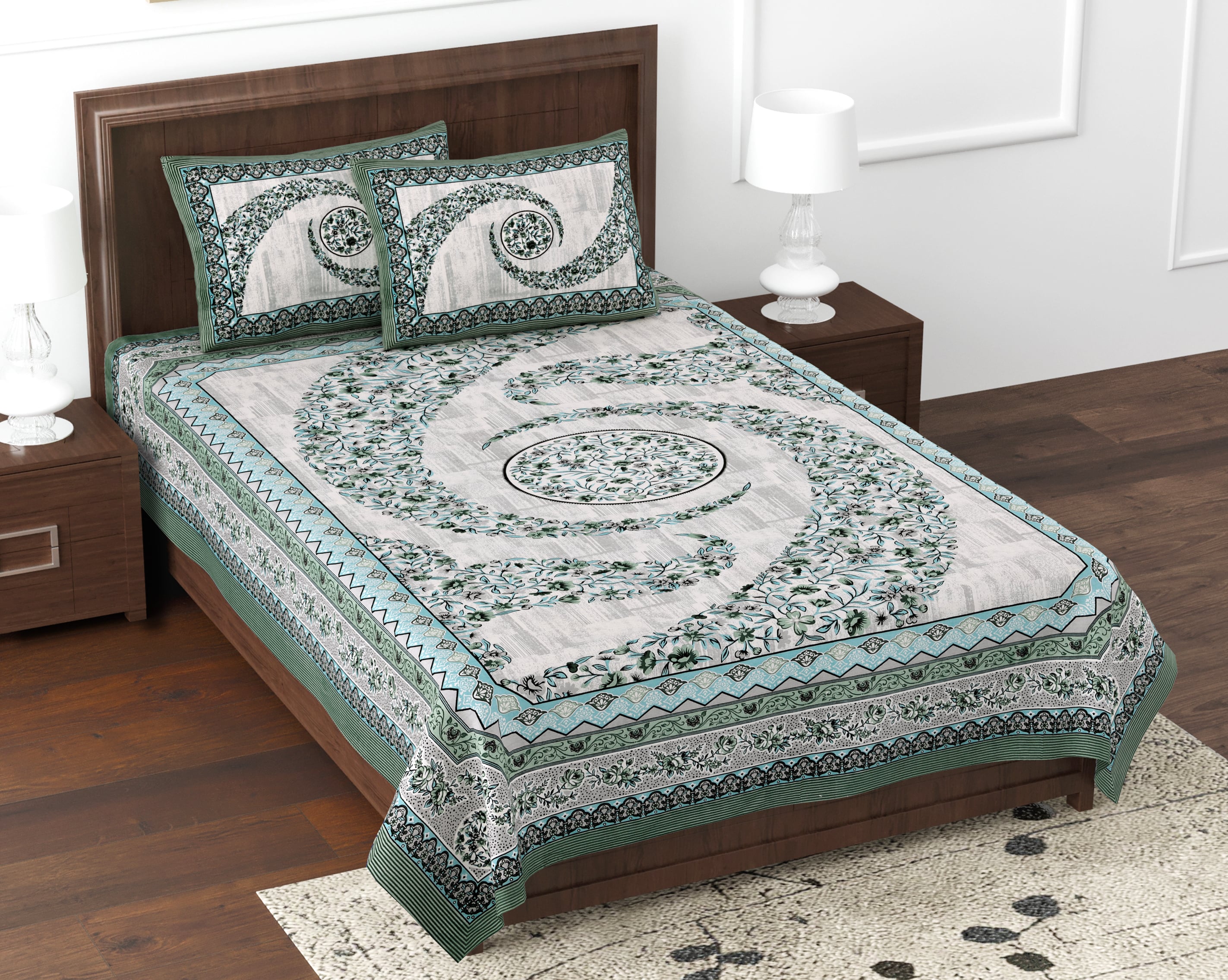 Kesari Cotton Single Bedsheet with Ethnic Spiral Floral Print | 70x100 Inches + 2 Pillow Covers