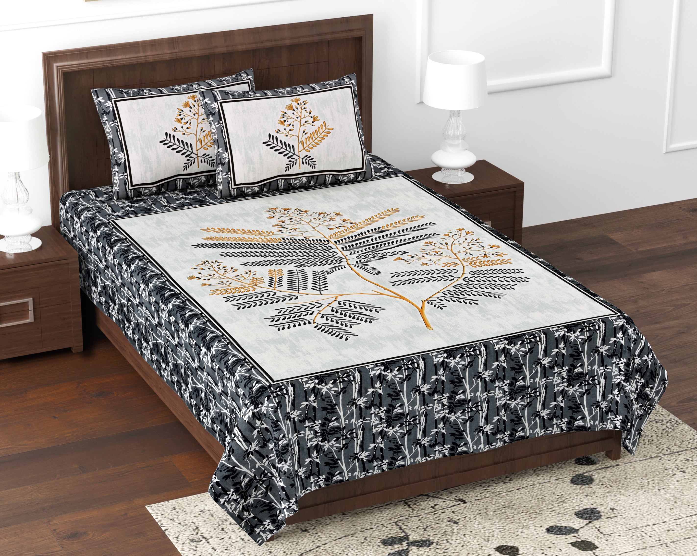 Kesari Cotton Single Bedsheet with Botanical Leaf Print | 70x100 Inches + 2 Pillow Covers