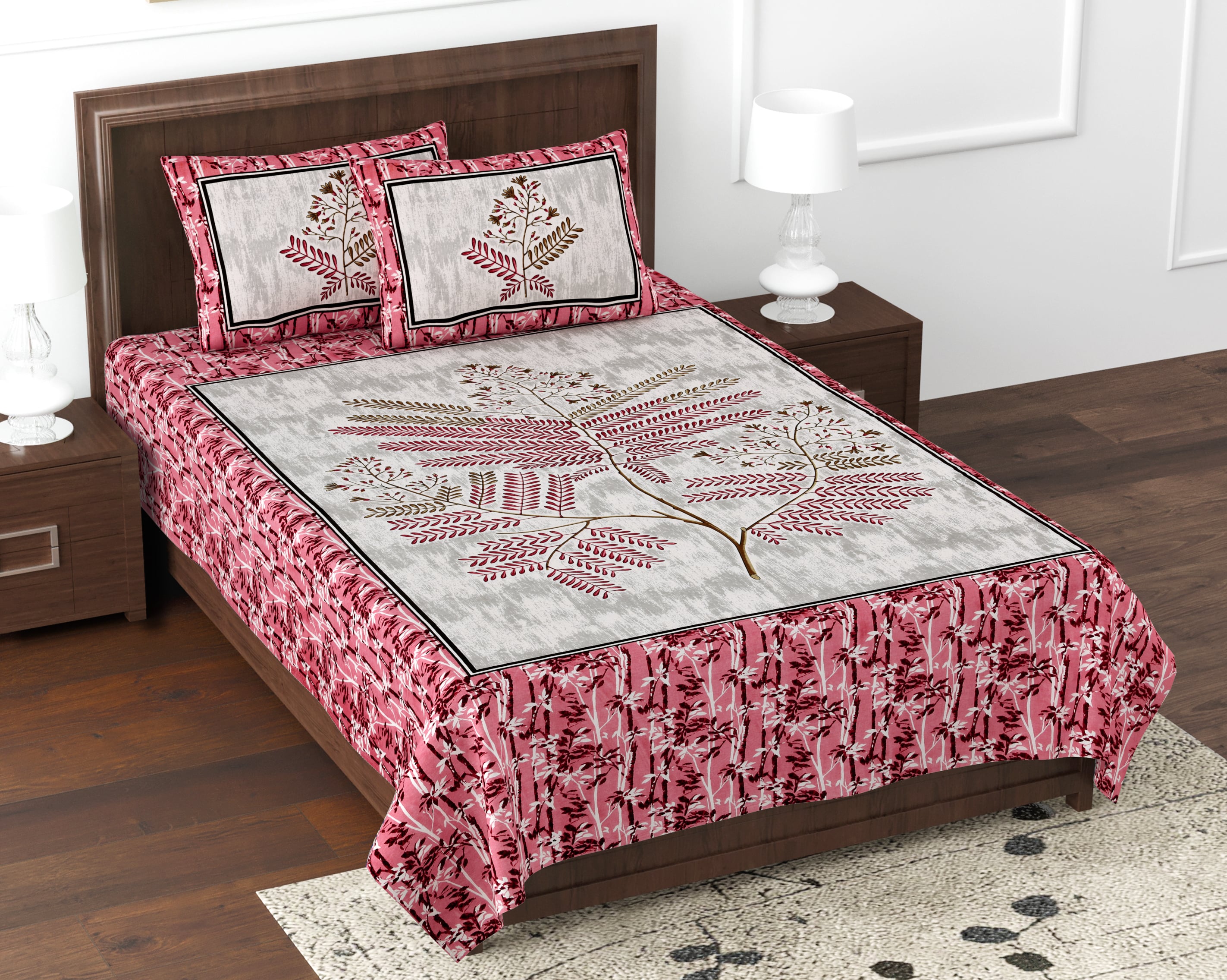 Kesari Cotton Single Bedsheet with Botanical Leaf Print | 70x100 Inches + 2 Pillow Covers